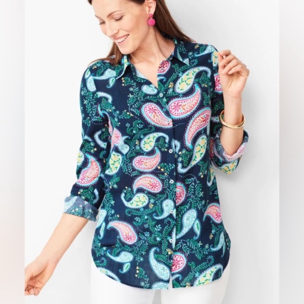 TALBOTS Classic Garden Paisley Pattern Shirt Cotton Button Up Navy Blue size 1X